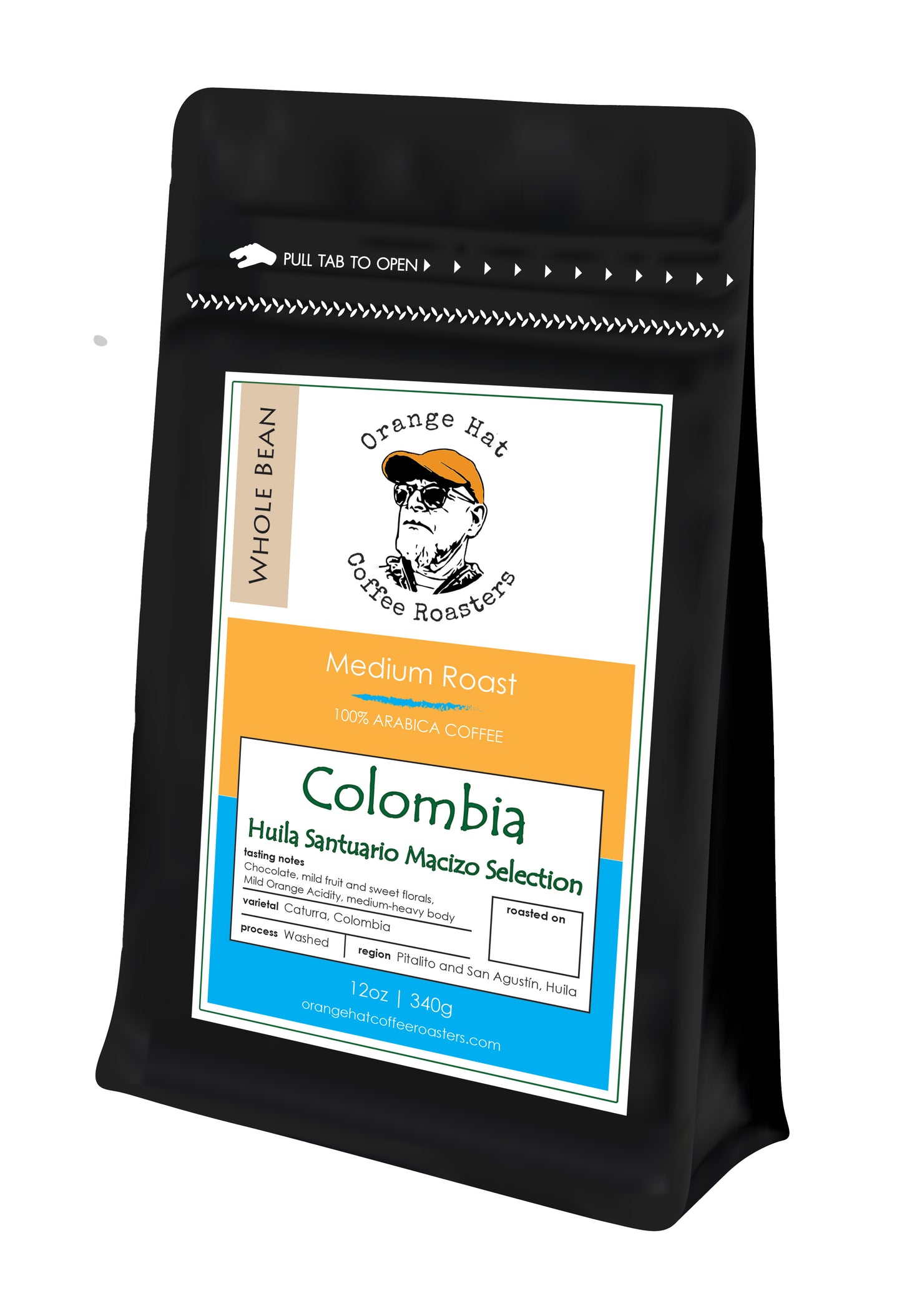 Medium Roast||Colombia Huila Santuario Macizo Selection||Notes: chocolate, mild fruit, sweet florals, mild orange acidity||12oz