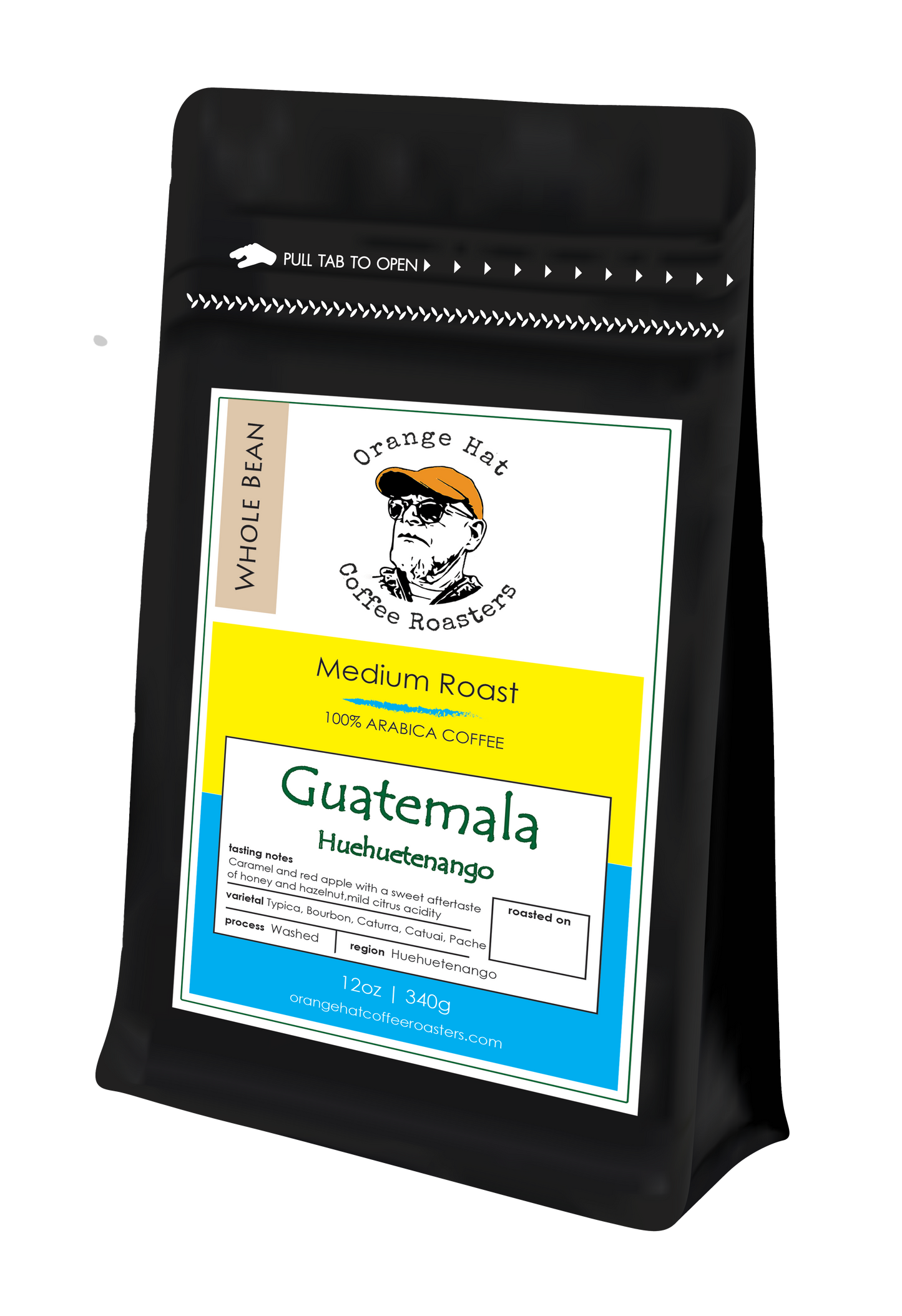 Medium Roast||Guatemala Huehuetenango||Notes: caramel and red apple with a sweet aftertaste of honey and hazelnut,mild citrus acidity, medium-heavy body||12oz